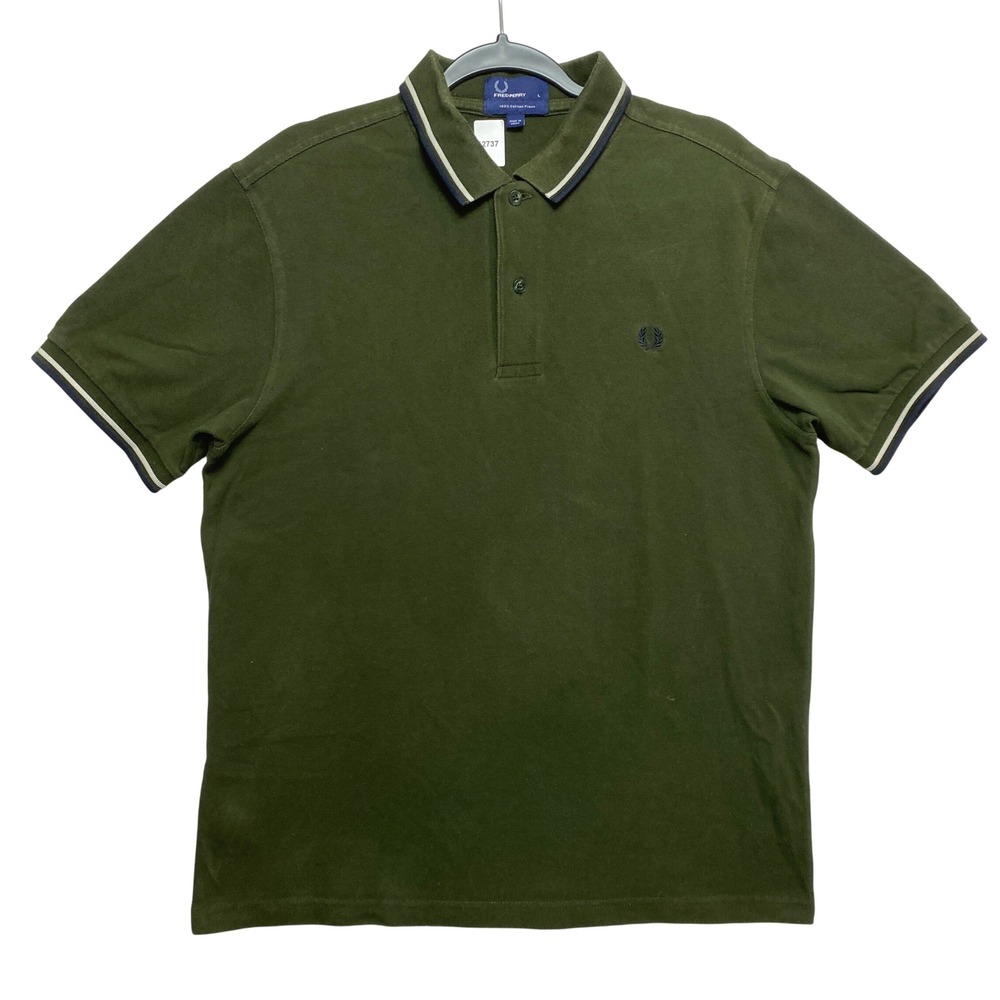 Fred Perry Polo Shirt Mens Large Olive Green Twin Tipped Cotton Pique Logo